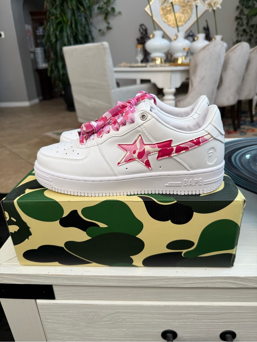 Bape White Sneakers with Pink Camo Star and Stripe